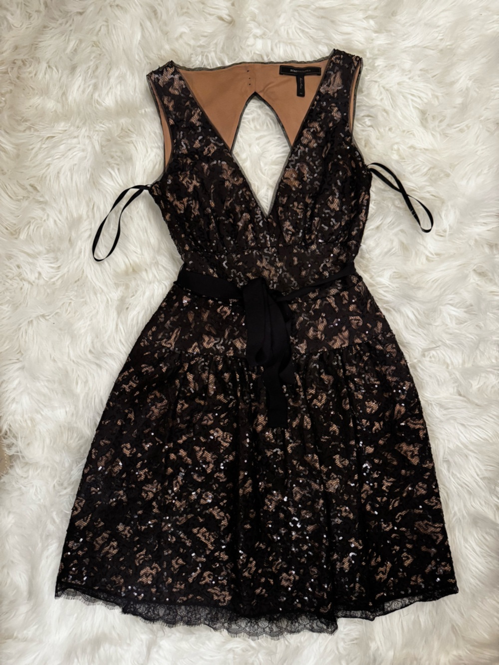BCBG Max Azria Black Lace Sequin Fit & Flare Dress w Bow Detail Size 0 - Picture 2 of 11